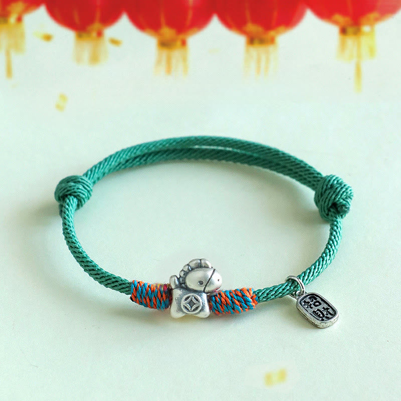 999 Sterling Silver Fu & Horse Red String Rope Bracelet – Year of the Horse Prosperity