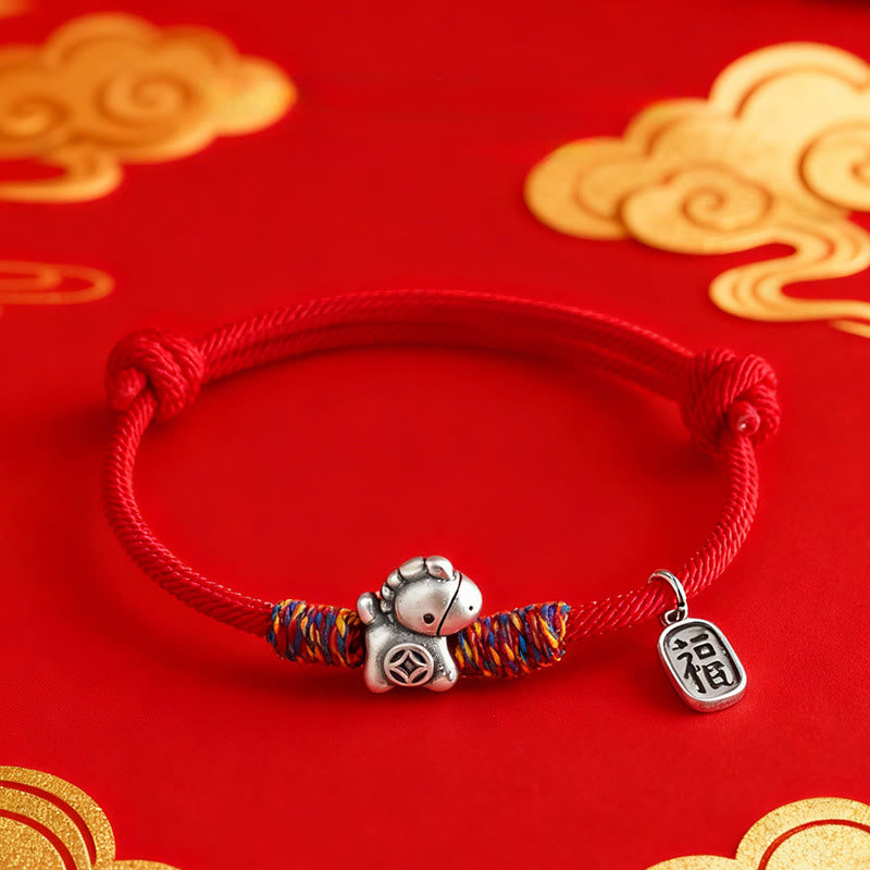 999 Sterling Silver Fu & Horse Red String Rope Bracelet – Year of the Horse Prosperity
