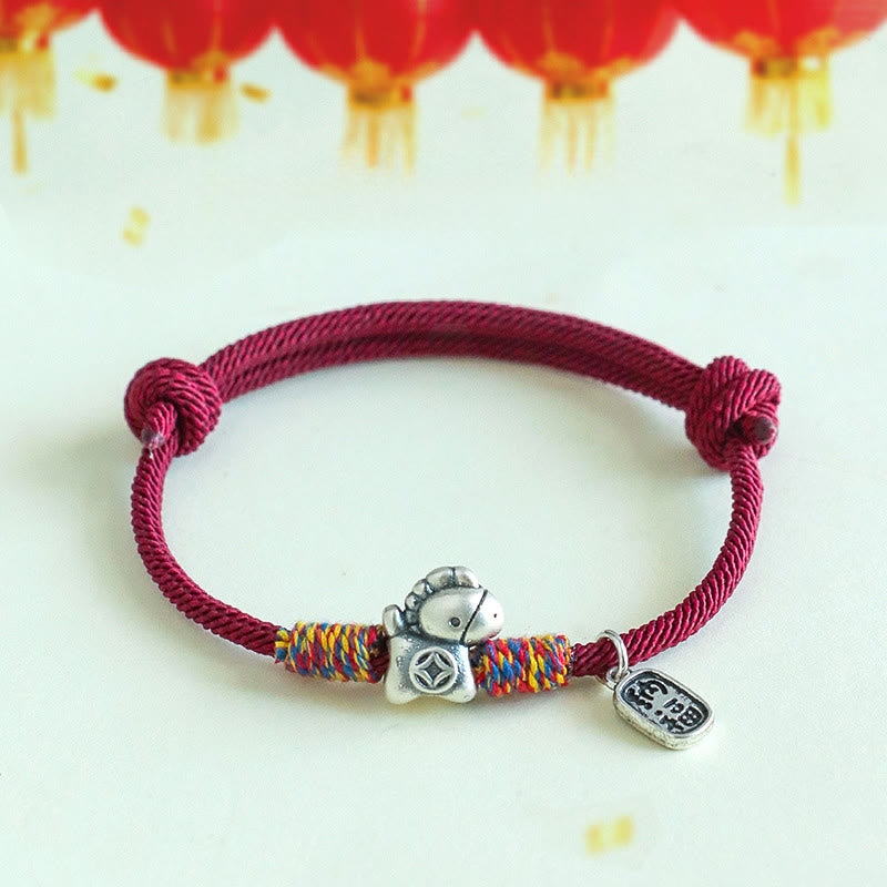 999 Sterling Silver Fu & Horse Red String Rope Bracelet – Year of the Horse Prosperity