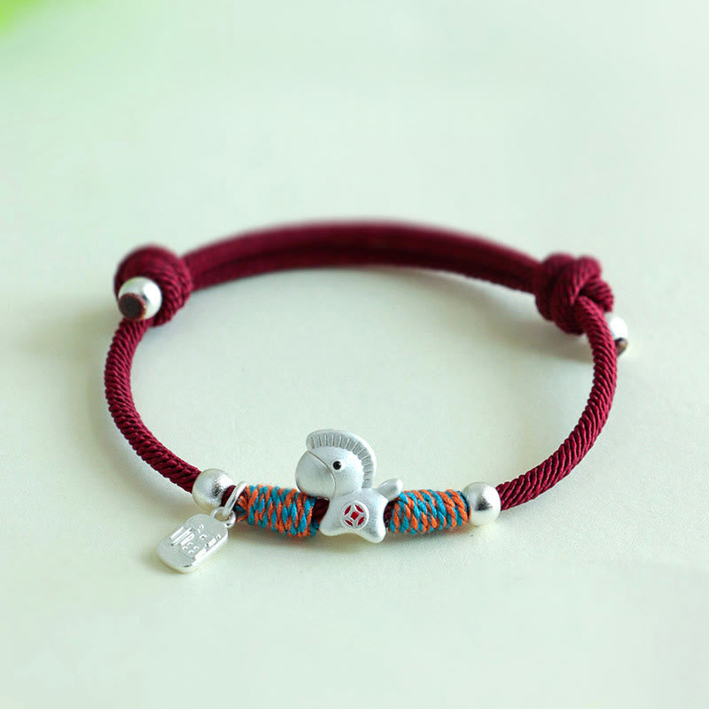 999 Sterling Silver Year of the Horse Fu Character Charm Adjustable Red String Bracelet