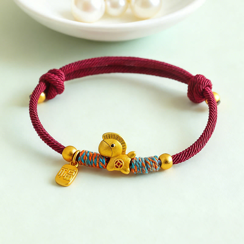 999 Sterling Silver Year of the Horse Fu Character Charm Adjustable Red String Bracelet