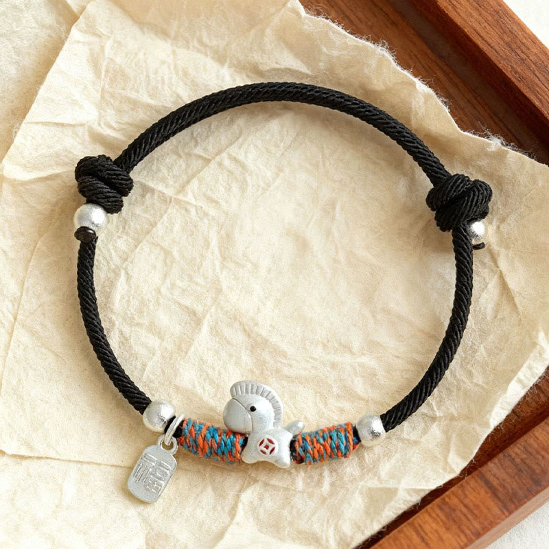 999 Sterling Silver Year of the Horse Fu Character Charm Adjustable Red String Bracelet