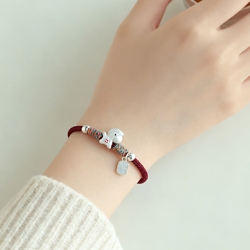 999 Sterling Silver Year of the Horse Fu Character Charm Adjustable Red String Bracelet