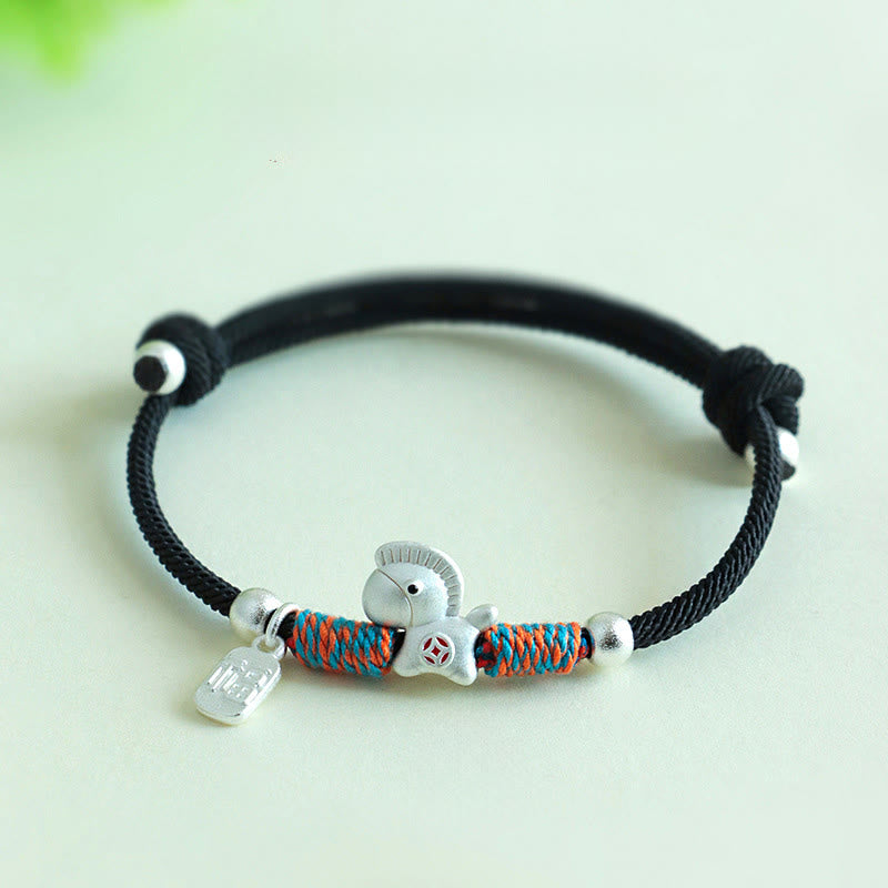 999 Sterling Silver Year of the Horse Fu Character Charm Adjustable Red String Bracelet