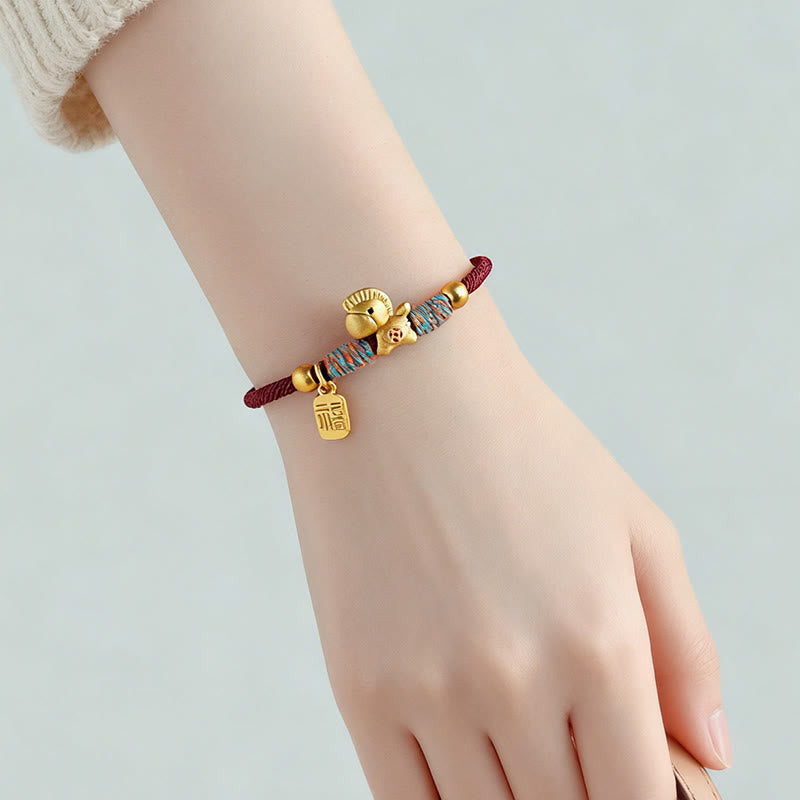 999 Sterling Silver Year of the Horse Fu Character Charm Adjustable Red String Bracelet