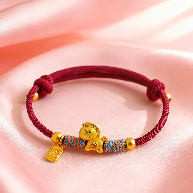 999 Sterling Silver Year of the Horse Fu Character Charm Adjustable Red String Bracelet