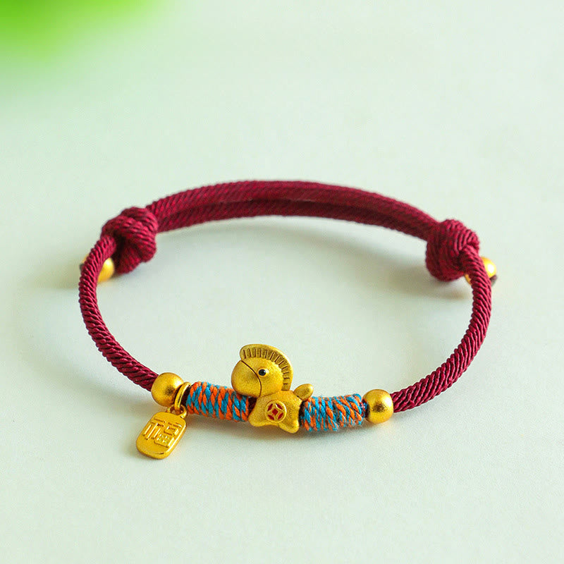 999 Sterling Silver Year of the Horse Fu Character Charm Adjustable Red String Bracelet