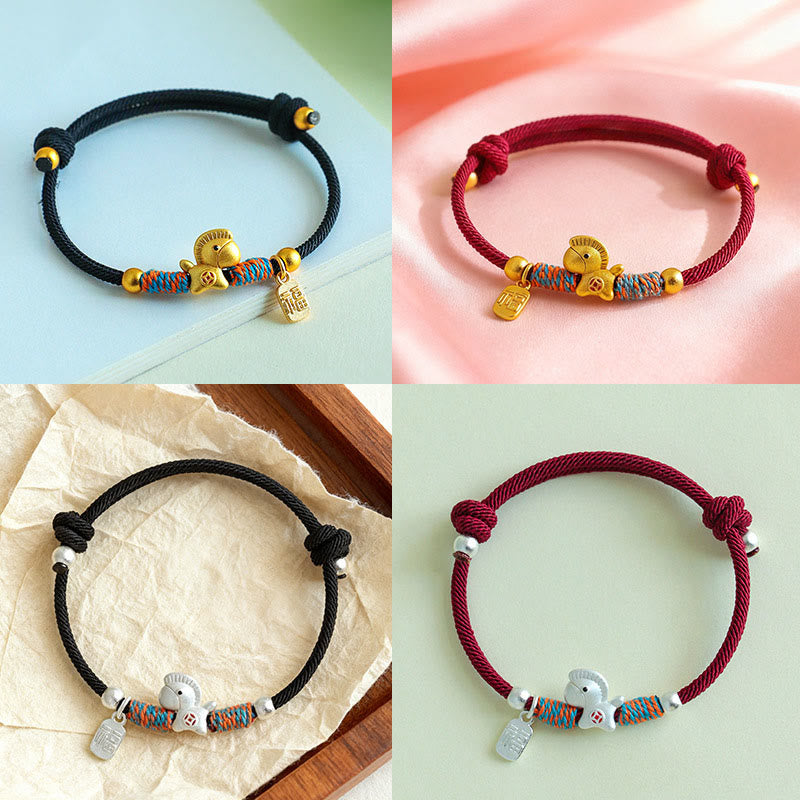 999 Sterling Silver Year of the Horse Fu Character Charm Adjustable Red String Bracelet
