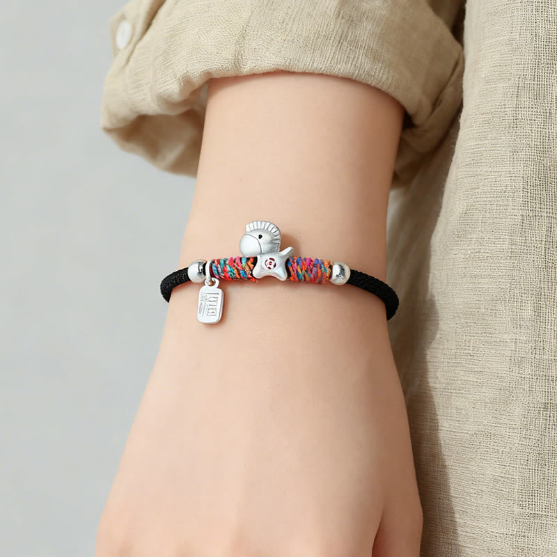 999 Sterling Silver Year of the Horse Fu Character Charm Adjustable Red String Bracelet