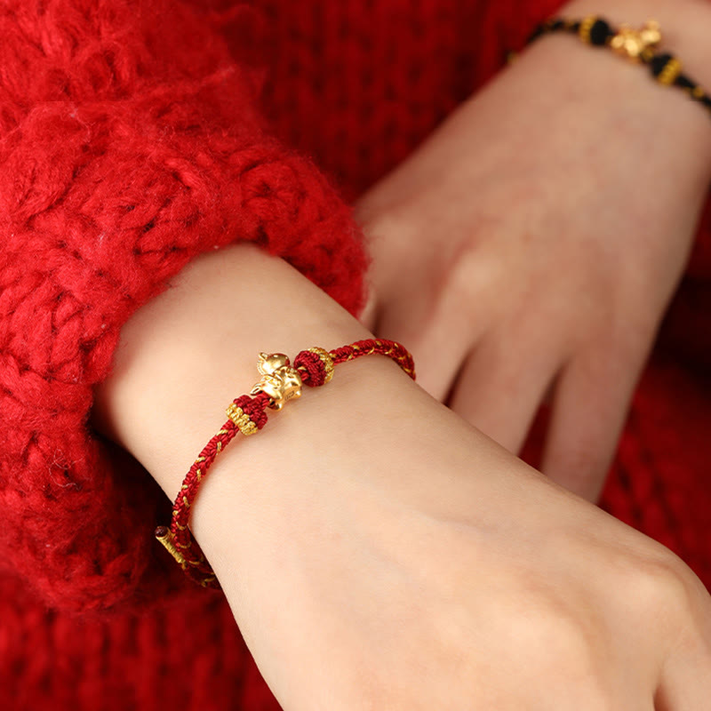 999 Gold Year of the Horse Braided Red String Adjustable Bracelet