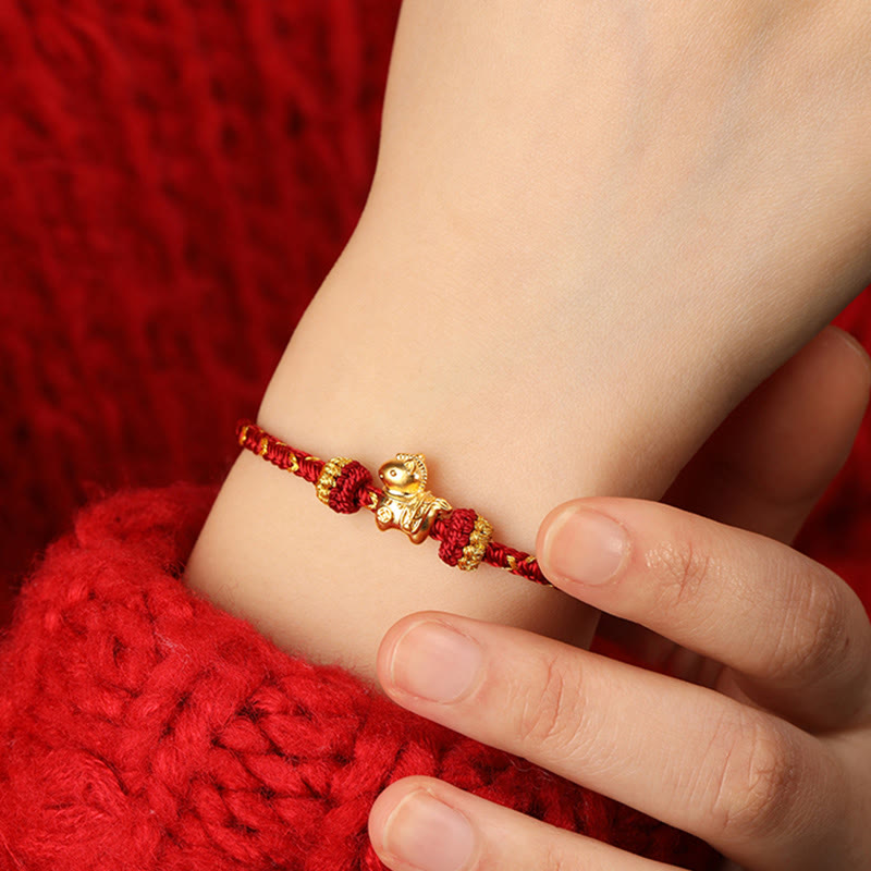 999 Gold Year of the Horse Braided Red String Adjustable Bracelet