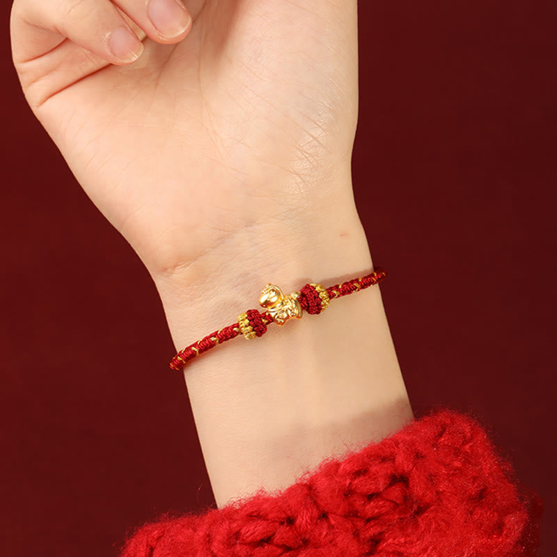 999 Gold Year of the Horse Braided Red String Adjustable Bracelet