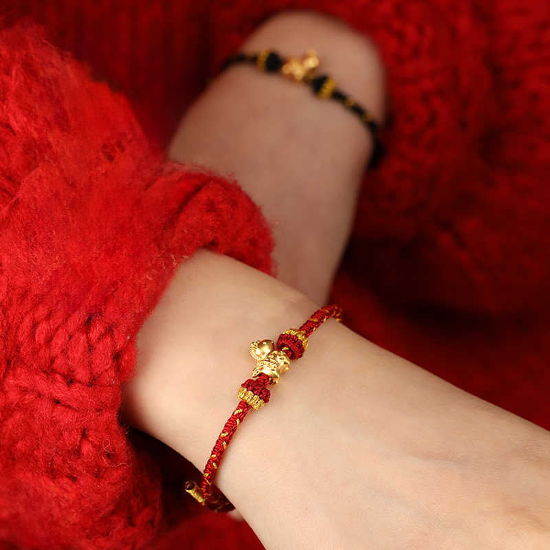 999 Gold Year of the Horse Braided Red String Adjustable Bracelet
