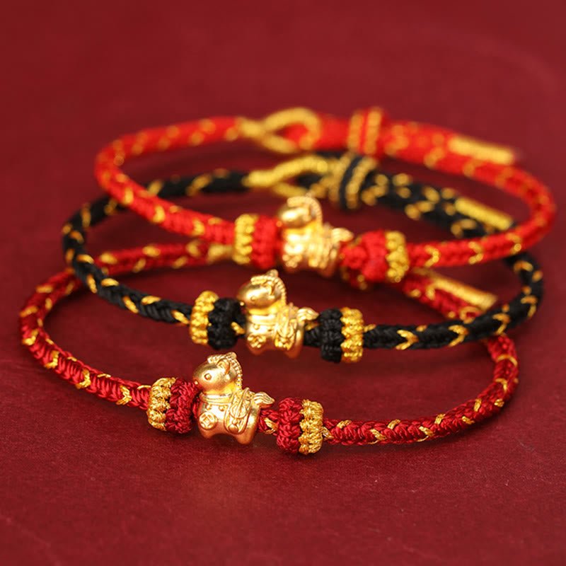999 Gold Year of the Horse Braided Red String Adjustable Bracelet