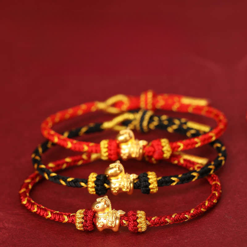 999 Gold Year of the Horse Braided Red String Adjustable Bracelet