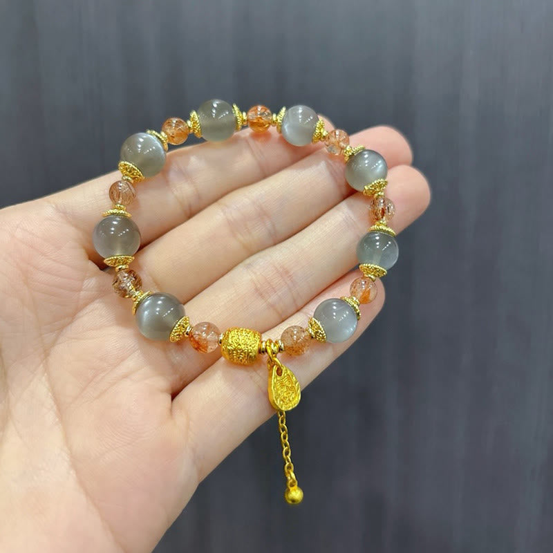 Natural Strawberry Quartz & Moonstone Beaded Bracelet with Green Aventurine, Super Seven, Copper