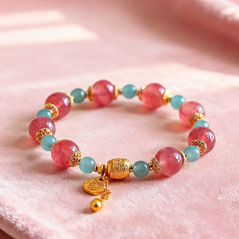 Natural Strawberry Quartz & Moonstone Beaded Bracelet with Green Aventurine, Super Seven, Copper