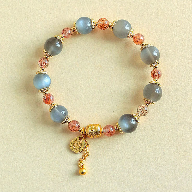 Natural Strawberry Quartz & Moonstone Beaded Bracelet with Green Aventurine, Super Seven, Copper