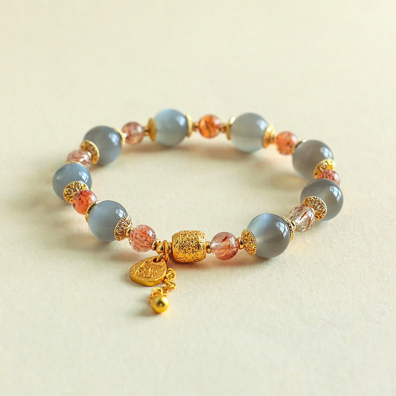Natural Strawberry Quartz & Moonstone Beaded Bracelet with Green Aventurine, Super Seven, Copper