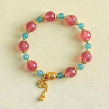 Natural Strawberry Quartz & Moonstone Beaded Bracelet with Green Aventurine, Super Seven, Copper
