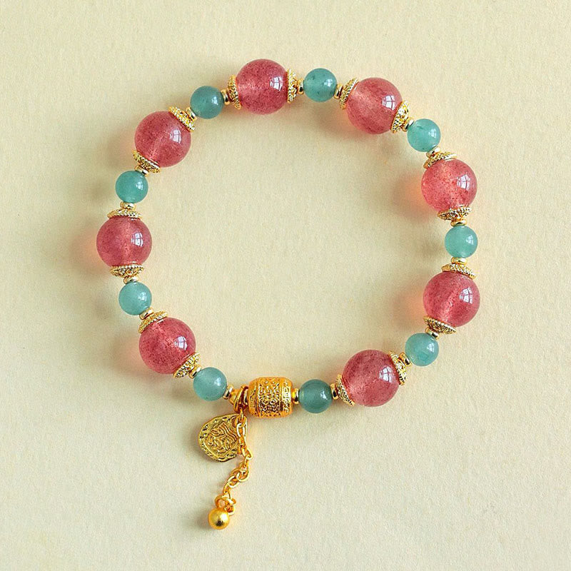 Natural Strawberry Quartz & Moonstone Beaded Bracelet with Green Aventurine, Super Seven, Copper