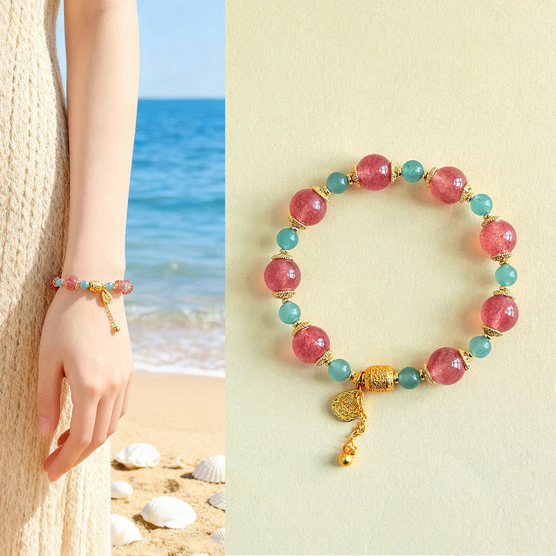 Natural Strawberry Quartz & Moonstone Beaded Bracelet with Green Aventurine, Super Seven, Copper
