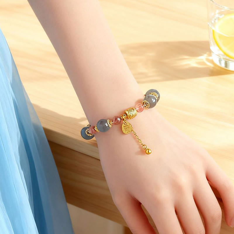 Natural Strawberry Quartz & Moonstone Beaded Bracelet with Green Aventurine, Super Seven, Copper