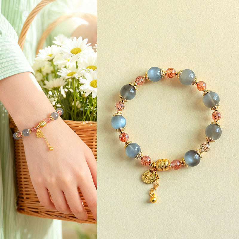 Natural Strawberry Quartz & Moonstone Beaded Bracelet with Green Aventurine, Super Seven, Copper