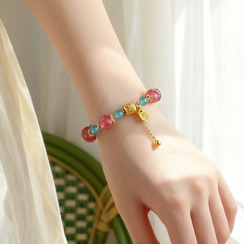 Natural Strawberry Quartz & Moonstone Beaded Bracelet with Green Aventurine, Super Seven, Copper