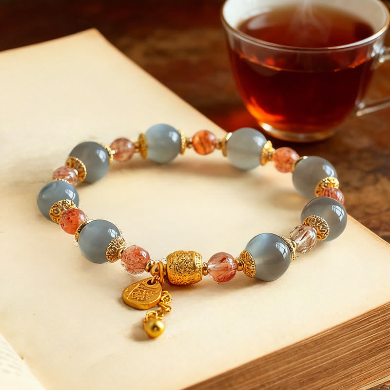 Natural Strawberry Quartz & Moonstone Beaded Bracelet with Green Aventurine, Super Seven, Copper