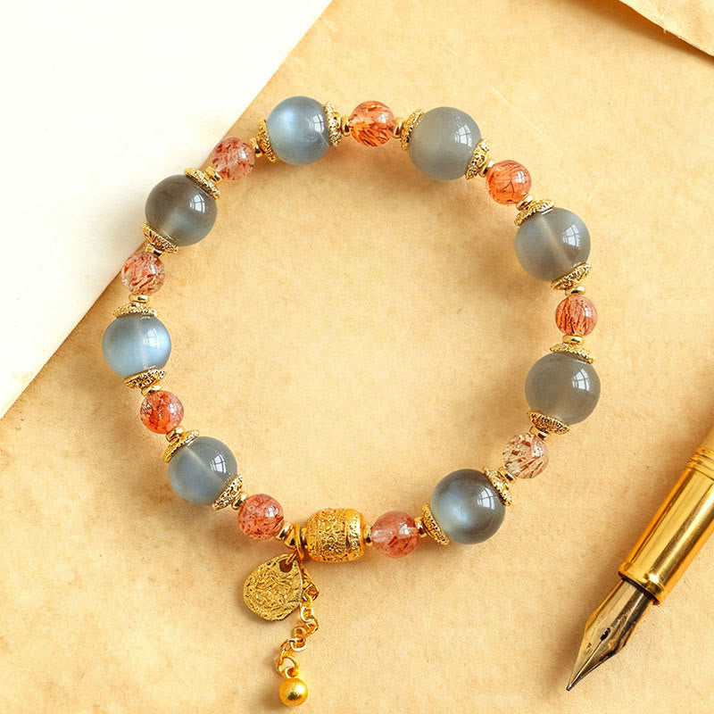 Natural Strawberry Quartz & Moonstone Beaded Bracelet with Green Aventurine, Super Seven, Copper