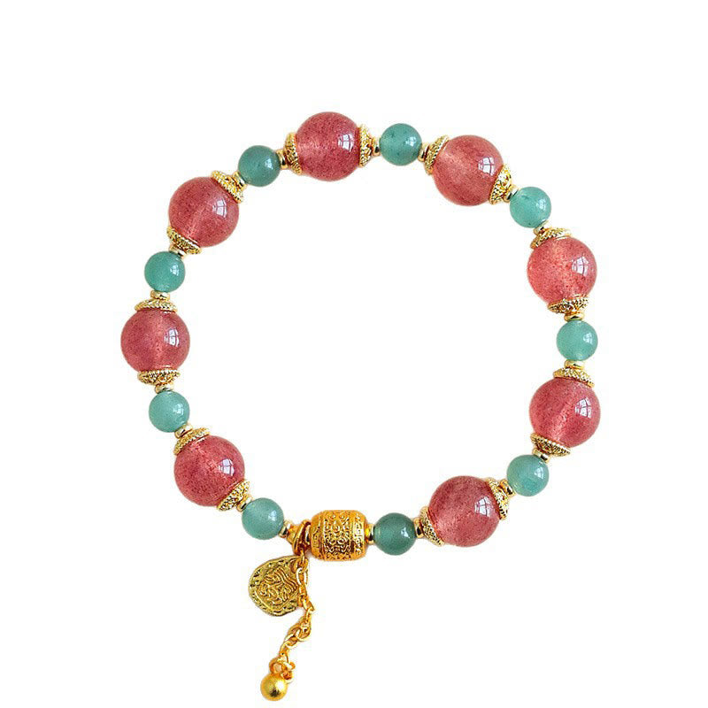 Natural Strawberry Quartz & Moonstone Beaded Bracelet with Green Aventurine, Super Seven, Copper