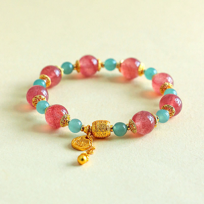 Natural Strawberry Quartz & Moonstone Beaded Bracelet with Green Aventurine, Super Seven, Copper