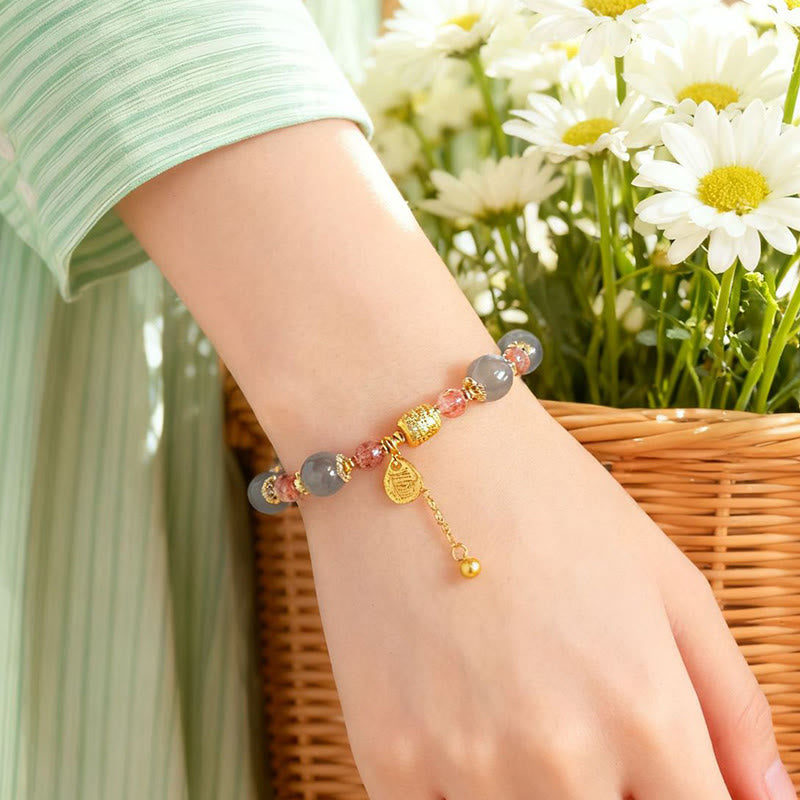 Natural Strawberry Quartz & Moonstone Beaded Bracelet with Green Aventurine, Super Seven, Copper