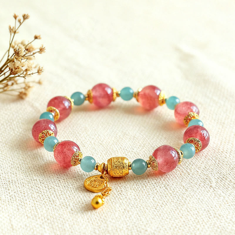 Natural Strawberry Quartz & Moonstone Beaded Bracelet with Green Aventurine, Super Seven, Copper