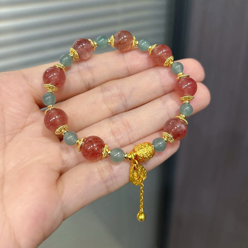 Natural Strawberry Quartz & Moonstone Beaded Bracelet with Green Aventurine, Super Seven, Copper