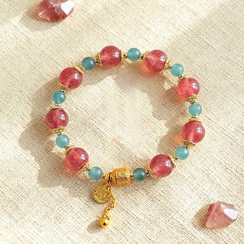 Natural Strawberry Quartz & Moonstone Beaded Bracelet with Green Aventurine, Super Seven, Copper