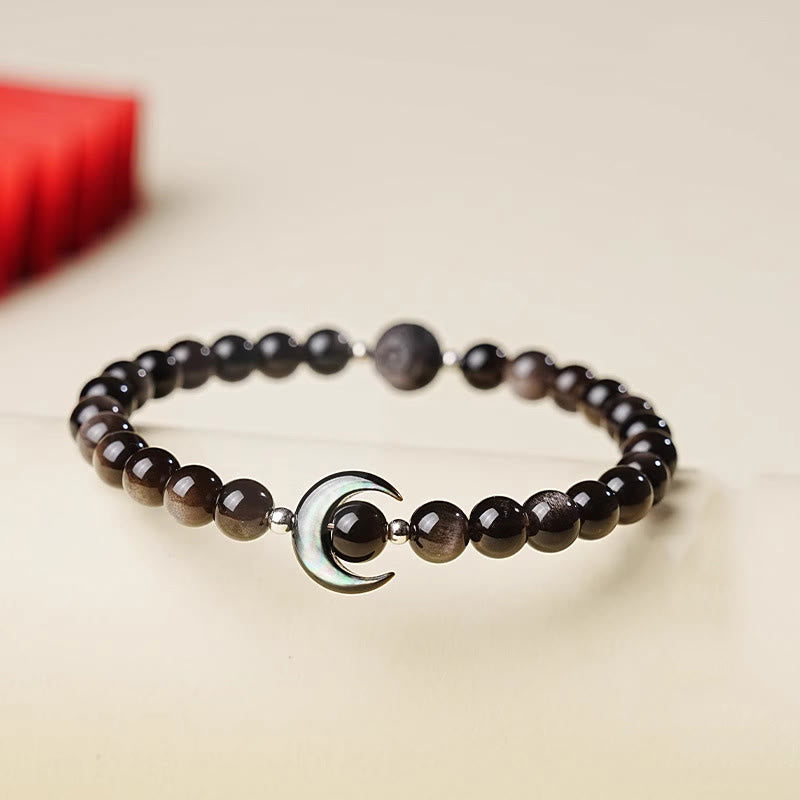 Natural Silver Sheen Obsidian Beaded Bracelet with Copper & Seashell Moon Accent