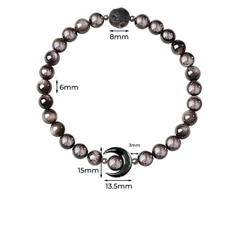 Natural Silver Sheen Obsidian Beaded Bracelet with Copper & Seashell Moon Accent