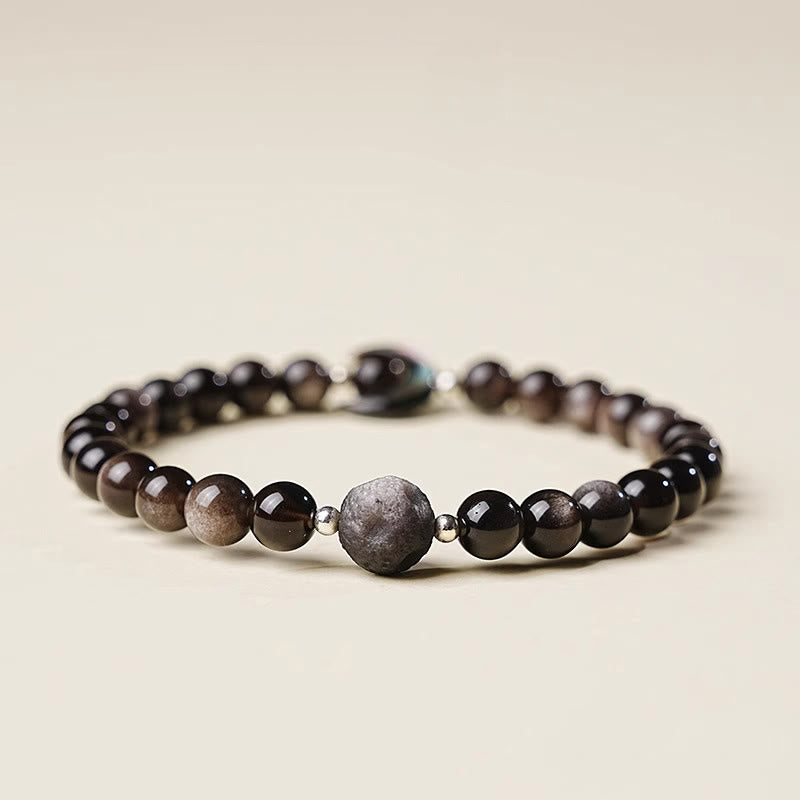 Natural Silver Sheen Obsidian Beaded Bracelet with Copper & Seashell Moon Accent