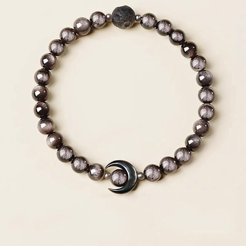Natural Silver Sheen Obsidian Beaded Bracelet with Copper & Seashell Moon Accent
