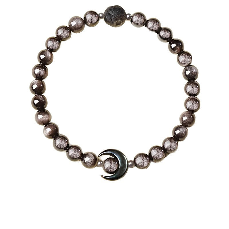 Natural Silver Sheen Obsidian Beaded Bracelet with Copper & Seashell Moon Accent