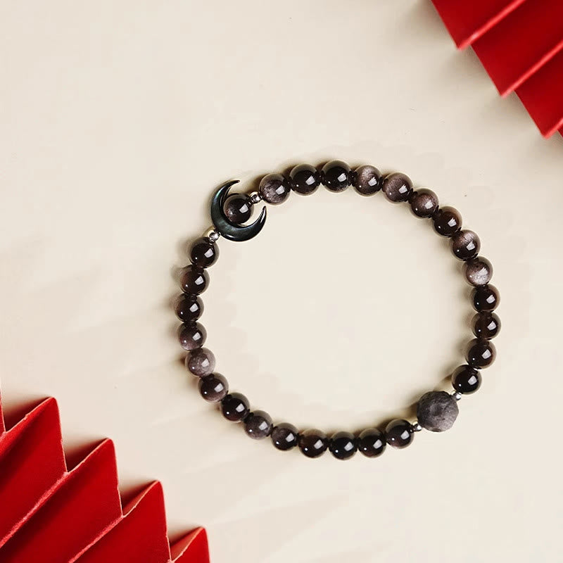 Natural Silver Sheen Obsidian Beaded Bracelet with Copper & Seashell Moon Accent