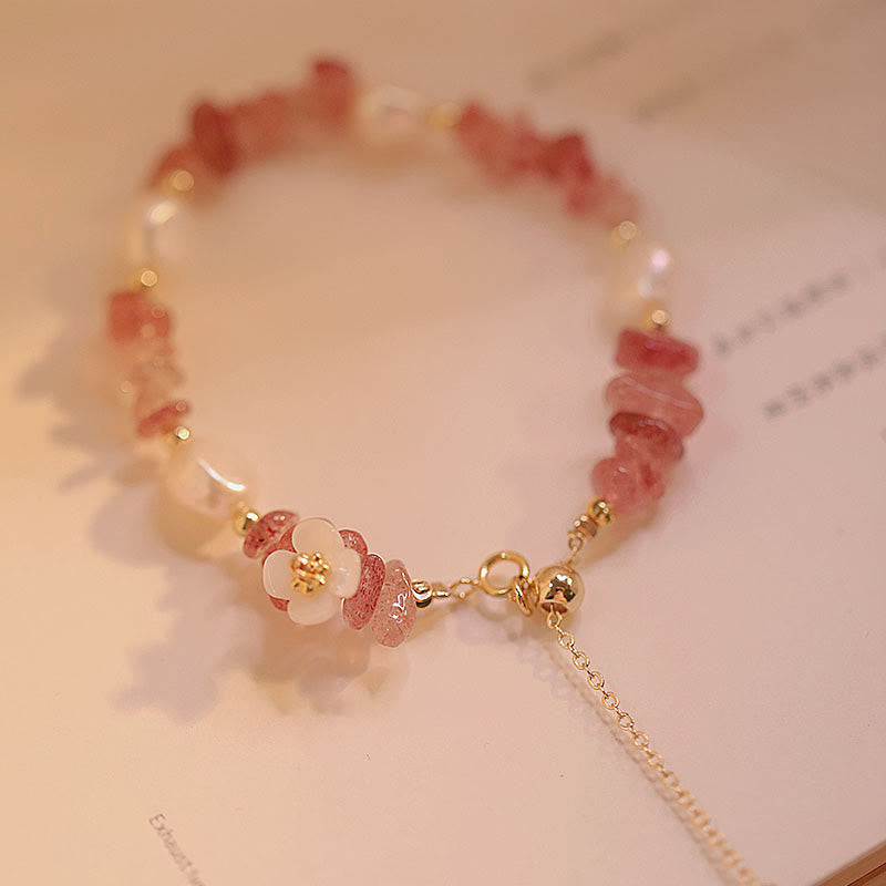 White Flower Pearl Natural Irregular Strawberry Quartz Healing Chain Bracelet