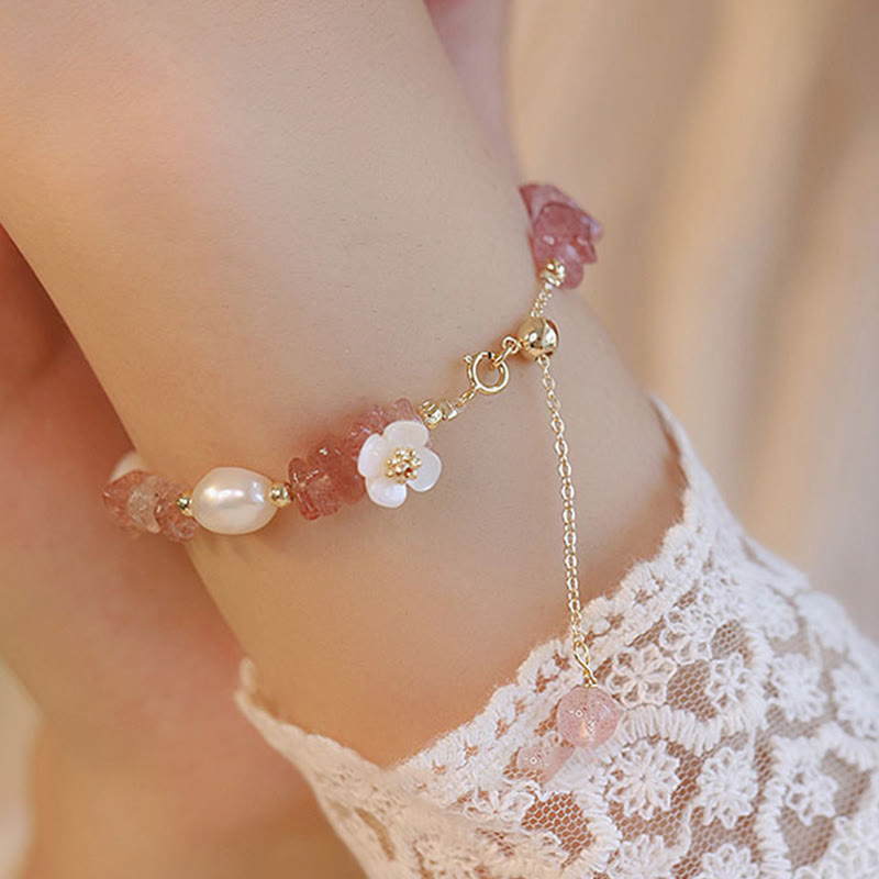 White Flower Pearl Natural Irregular Strawberry Quartz Healing Chain Bracelet