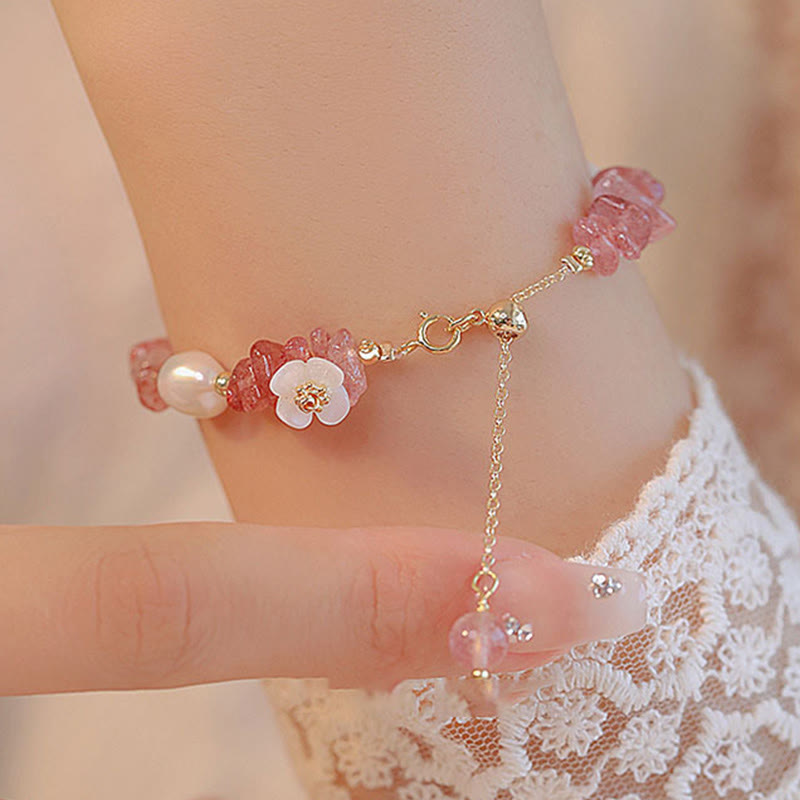 White Flower Pearl Natural Irregular Strawberry Quartz Healing Chain Bracelet