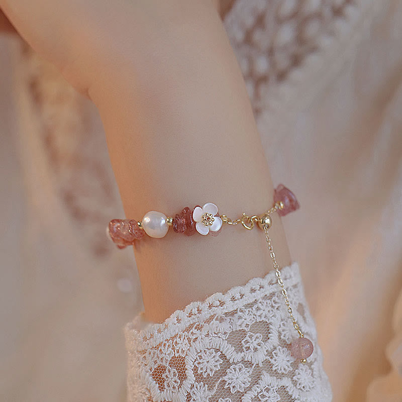 White Flower Pearl Natural Irregular Strawberry Quartz Healing Chain Bracelet