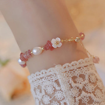 White Flower Pearl Natural Irregular Strawberry Quartz Healing Chain Bracelet