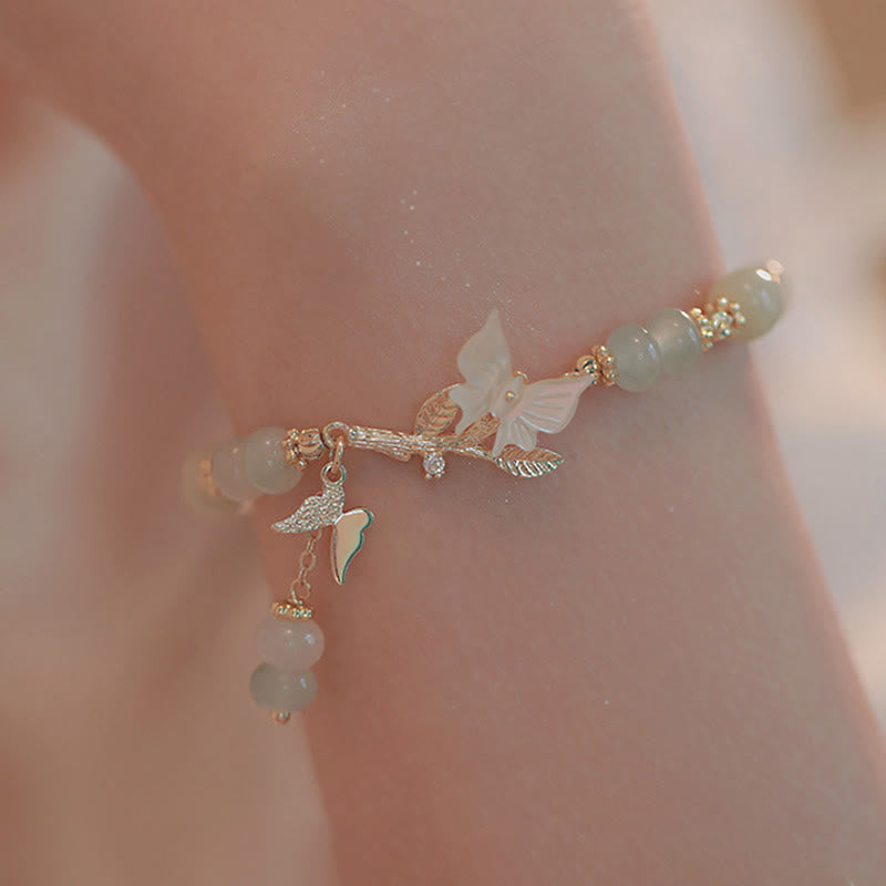 Butterfly Charm Hetian Jade and Seashell Adjustable Copper Chain Bracelet