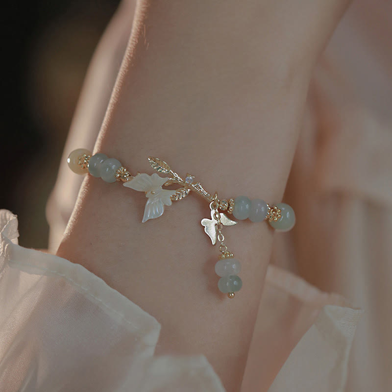 Butterfly Charm Hetian Jade and Seashell Adjustable Copper Chain Bracelet
